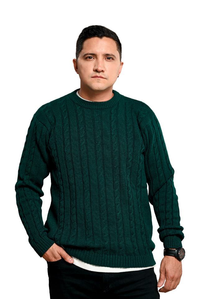 Green cable-knit sweater