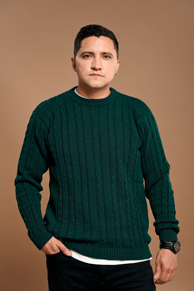 Green cable-knit sweater