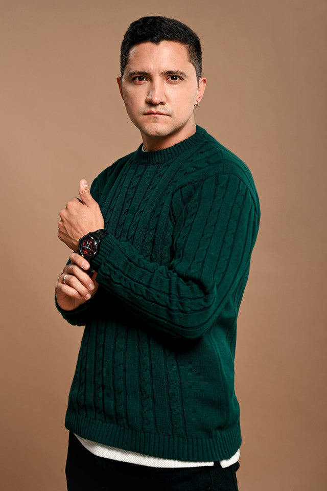 Green cable-knit sweater
